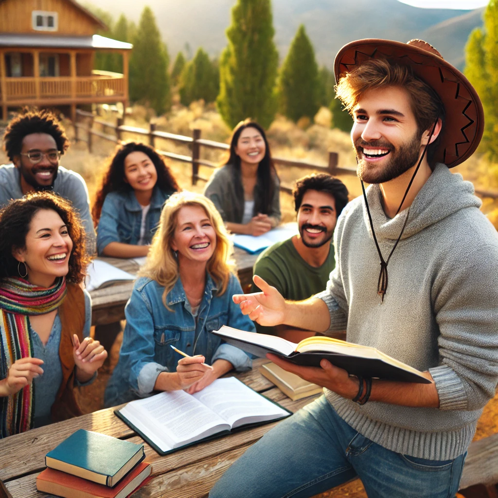 DALL·E 2024-07-05 14.58.33 - A joyful outdoor TEFL_TESOL class with adult students being taught by a young adult teacher, set in a Western country. The students are of m
